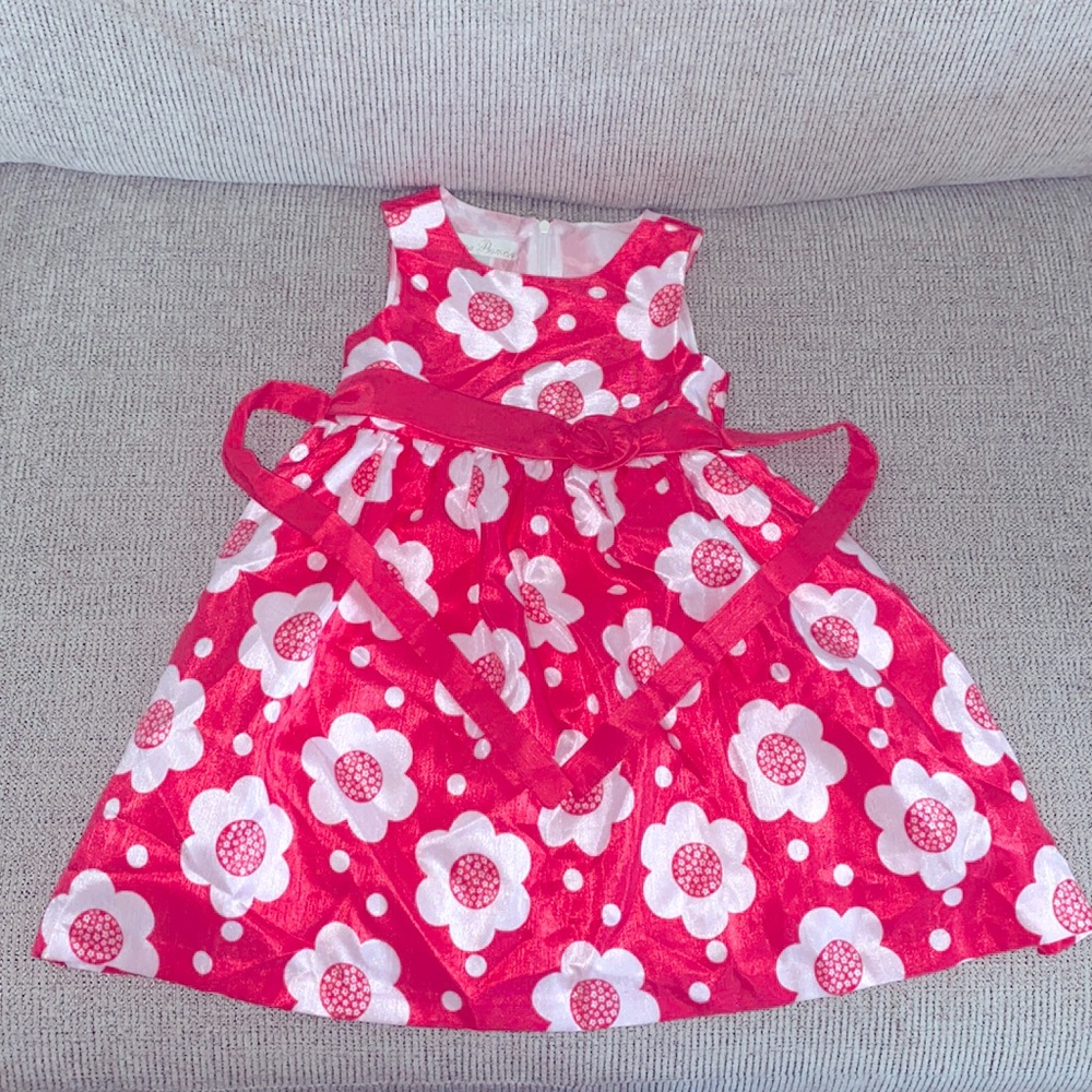 Pink Dress with white flowers, along with a Zipper & straps to tie in the back.